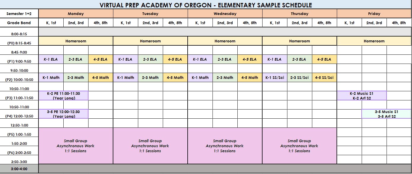 Virtual Prep Academy of Oregon elementary sample schedule
