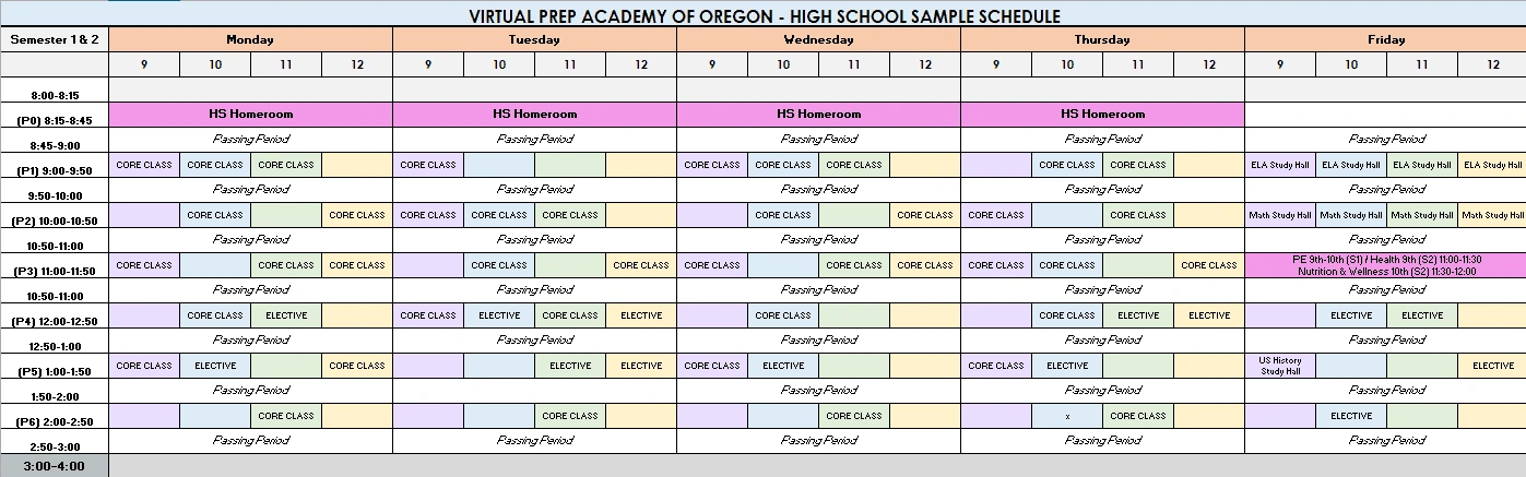 Virtual Prep Academy of Oregon high school sample schedule